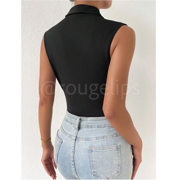 Black Bodysuit V-Neck Shawl Neck Collar Sleeveless - Picture 4 of 9